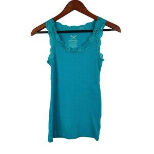 Faded Glory Womens XS Turquoise Ribbed Lace Trim Tank Top